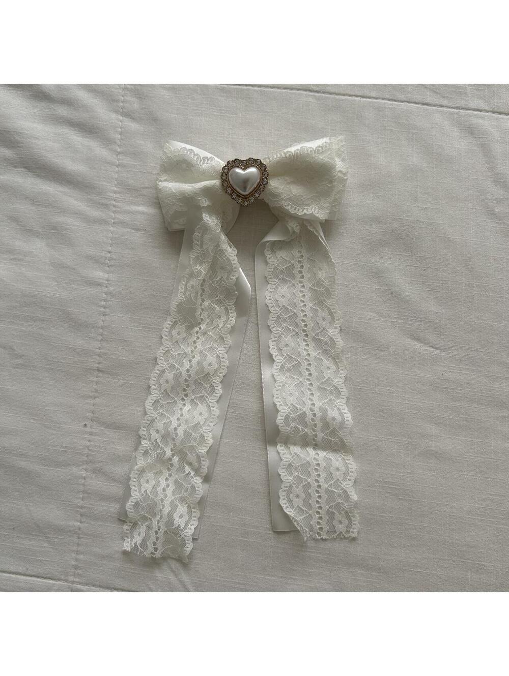 Ivory White Lace Ribbon Hair Bow Pearl Heart Rhinestone Japan
